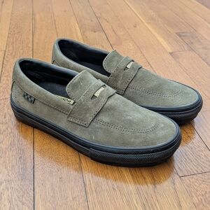 Vans x Beatrice Domond Olive Suede Penny Loafers with Gold Accent